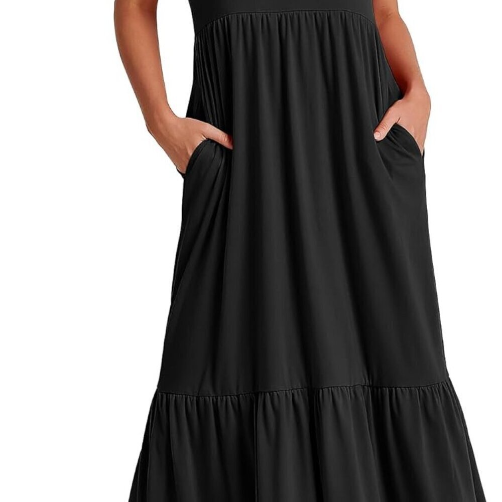 Women's Summer Maxi Dress Casual Flowy Tiered Short Sleeve Crewneck
